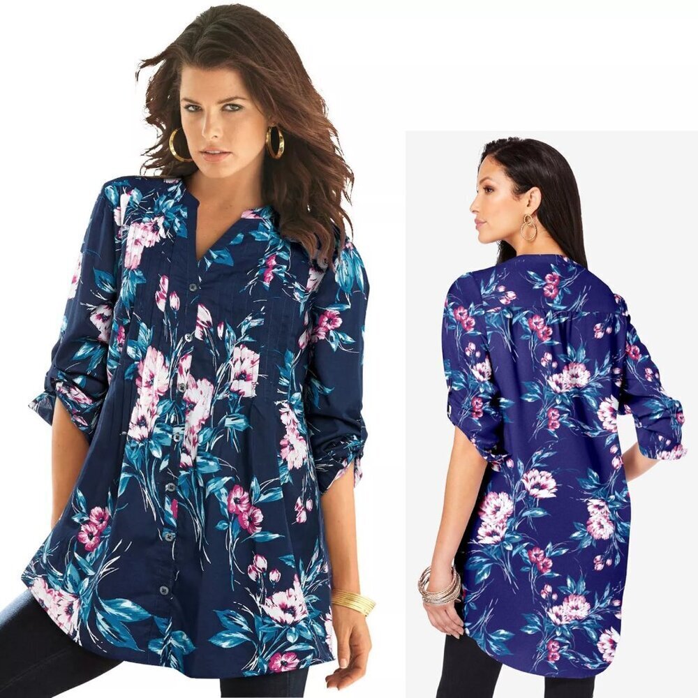 New Roaman's Blue Floral Long Roll -Up Sleeve Cotton Big Shirt Size 26W